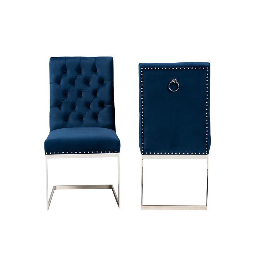 Glam and Luxe Navy Blue Velvet Fabric and Silver Metal 2-Piece Dining Chair Set. Picture 2