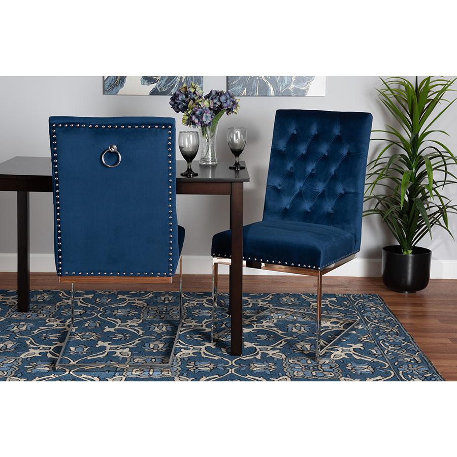 Glam and Luxe Navy Blue Velvet Fabric and Silver Metal 2-Piece Dining Chair Set. Picture 8