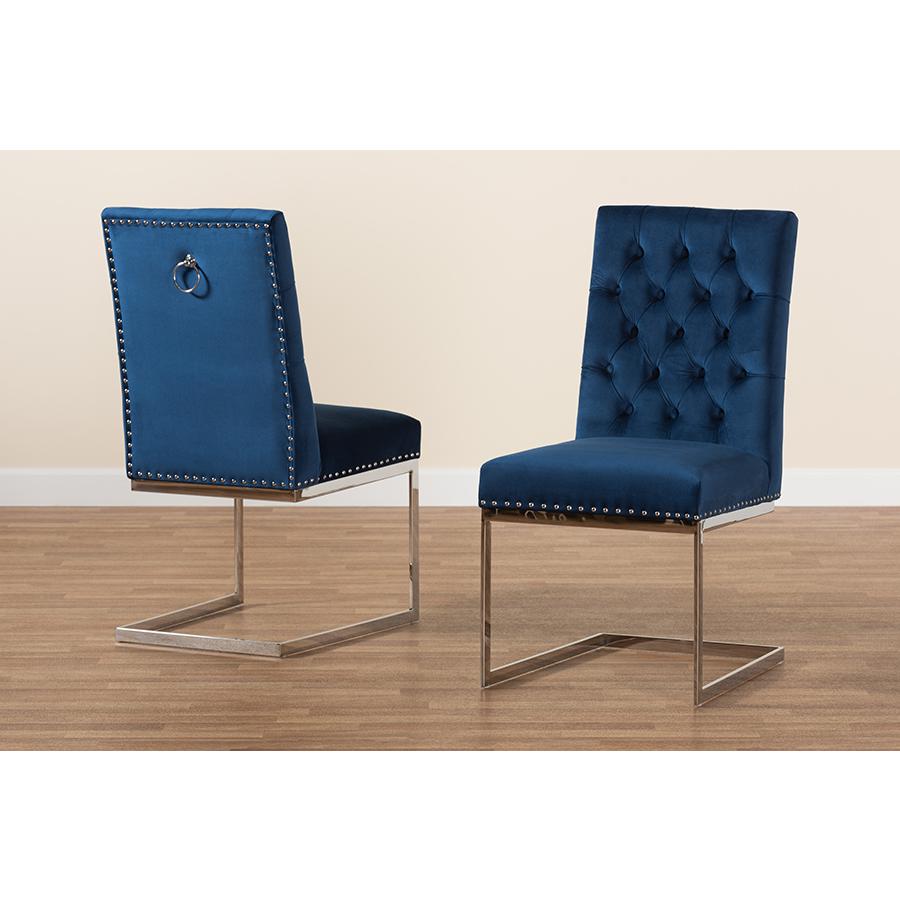Glam and Luxe Navy Blue Velvet Fabric and Silver Metal 2-Piece Dining Chair Set. Picture 9
