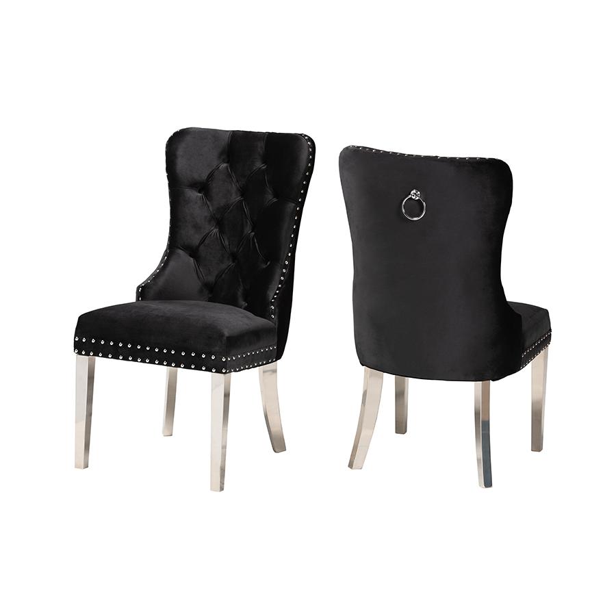 Glam and Luxe Black Velvet Fabric and Silver Metal 2-Piece Dining Chair Set. Picture 1