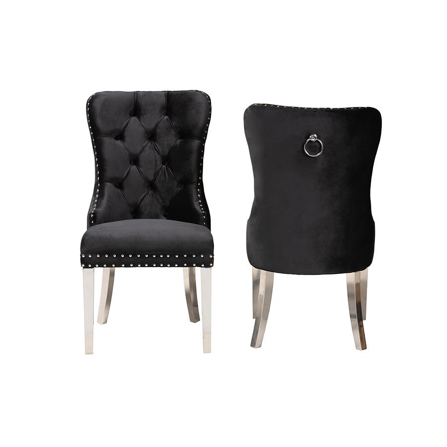 Glam and Luxe Black Velvet Fabric and Silver Metal 2-Piece Dining Chair Set. Picture 2