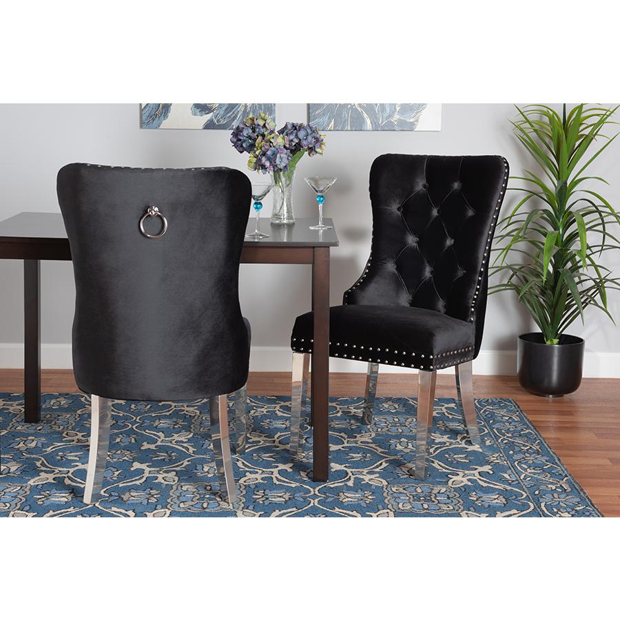 Glam and Luxe Black Velvet Fabric and Silver Metal 2-Piece Dining Chair Set. Picture 8