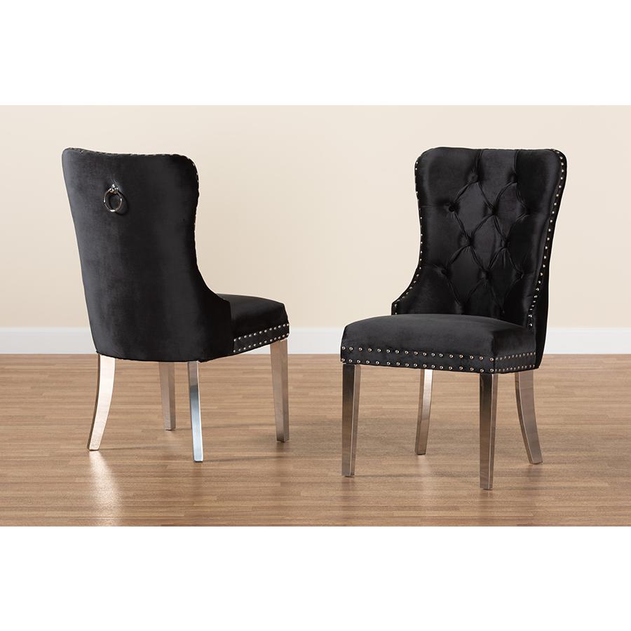 Glam and Luxe Black Velvet Fabric and Silver Metal 2-Piece Dining Chair Set. Picture 9