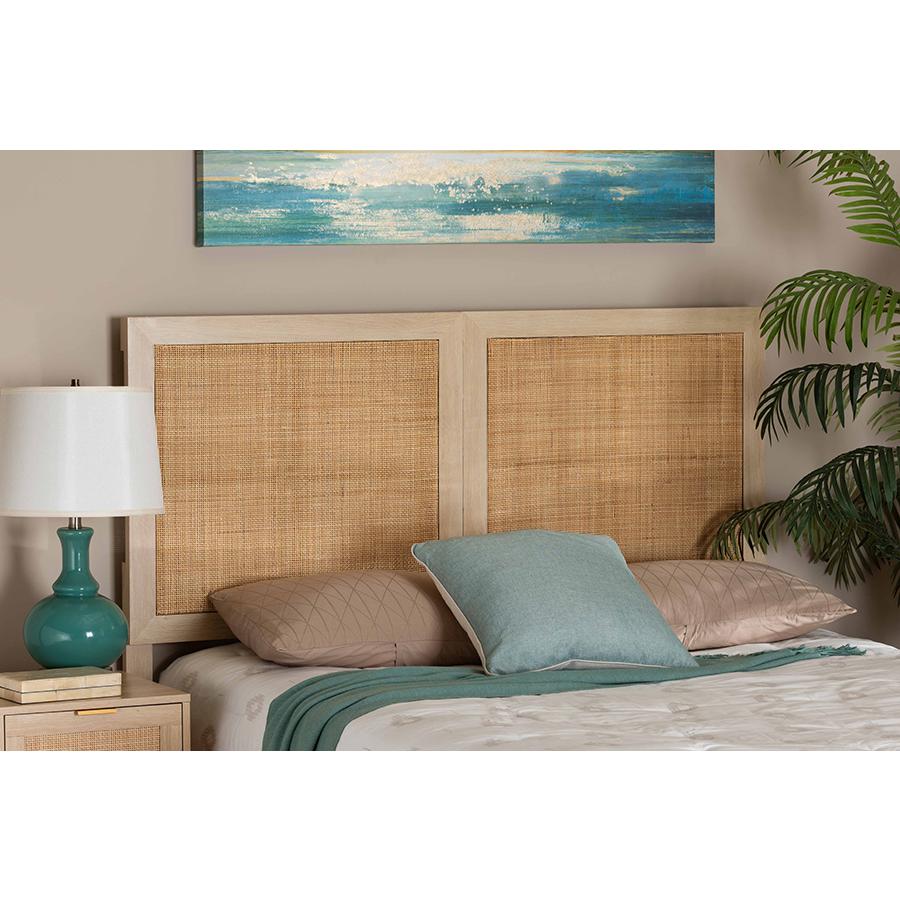 Bohemian Light Brown Finished Wood and Natural Rattan Queen Size Headboard. Picture 6