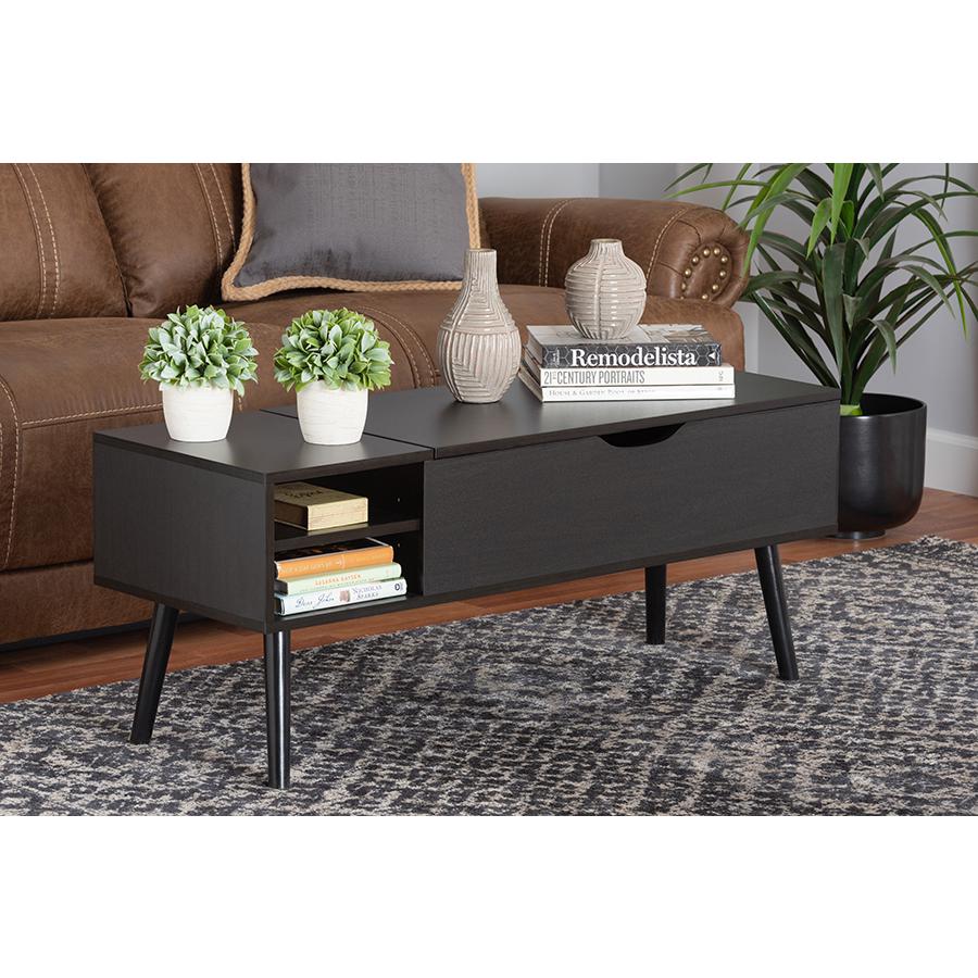 Espresso Brown Finished Wood Coffee Table with Lift-Top Storage Compartment. Picture 8