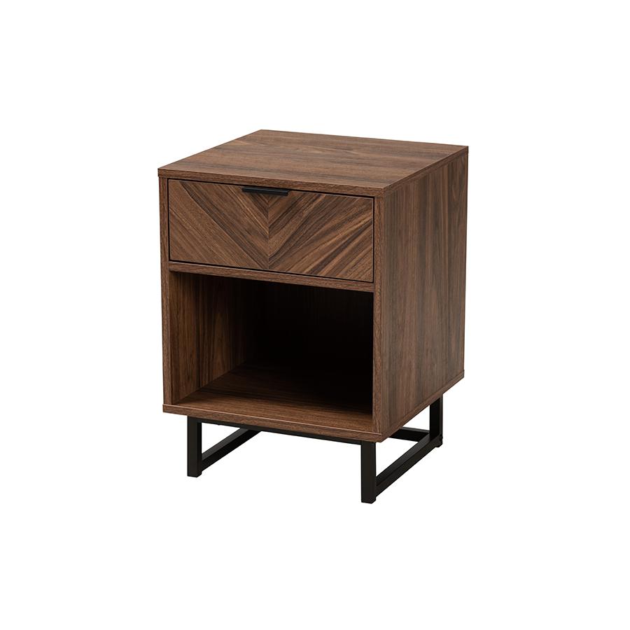 Sadia Modern Walnut Brown Finished Wood and Black Metal 1-Drawer End Table. Picture 1