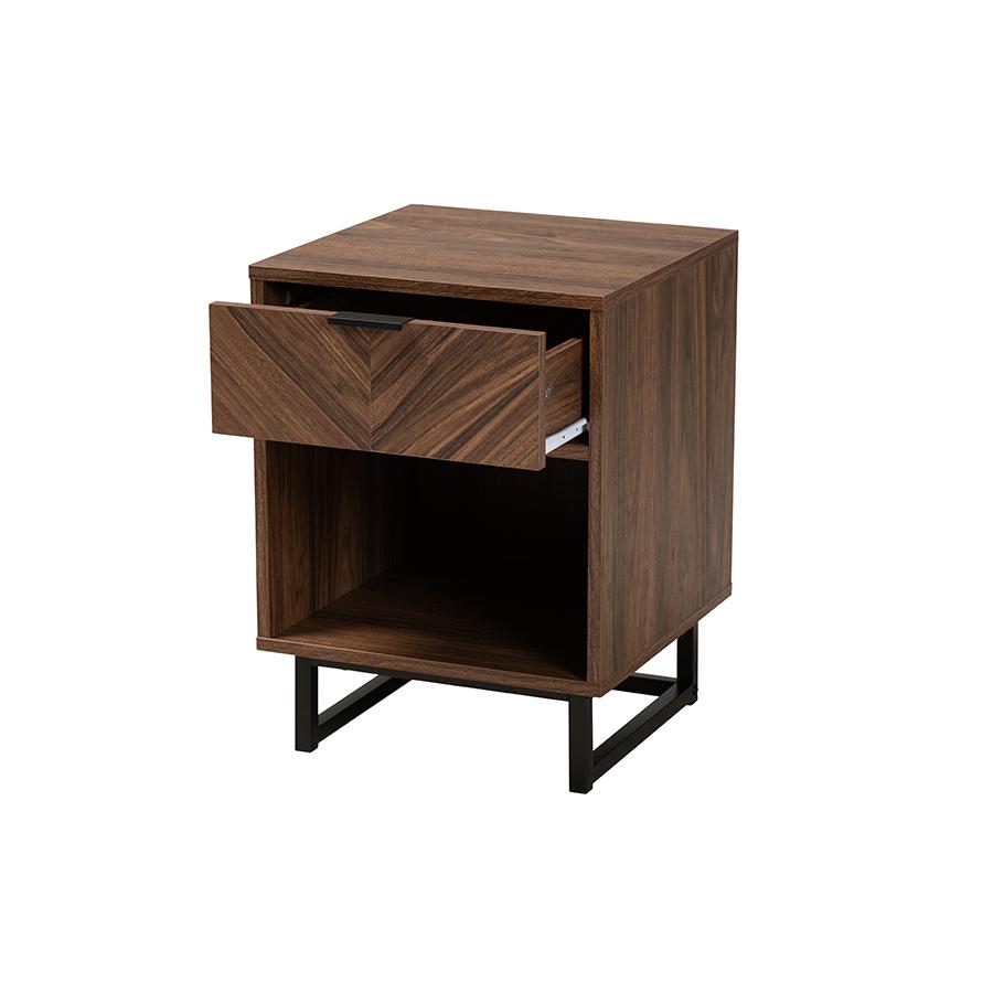 Sadia Modern Walnut Brown Finished Wood and Black Metal 1-Drawer End Table. Picture 2