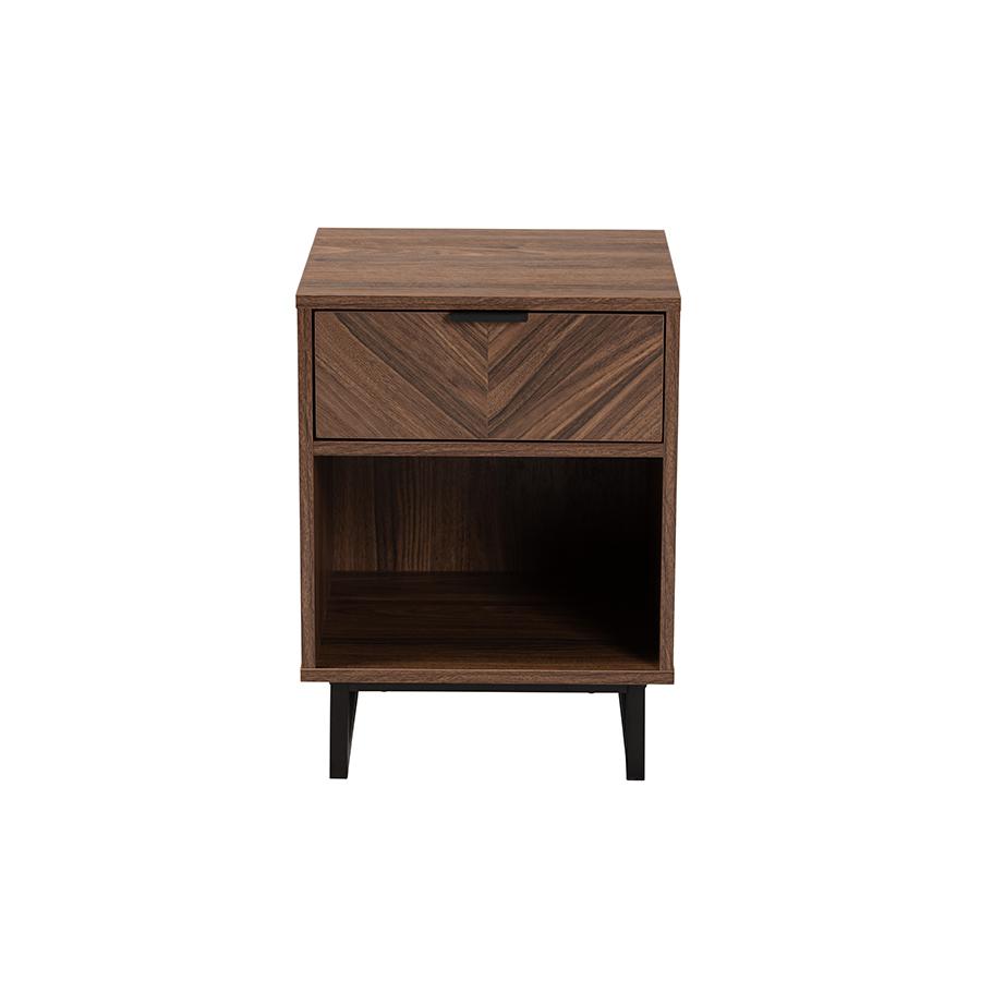 Sadia Modern Walnut Brown Finished Wood and Black Metal 1-Drawer End Table. Picture 3