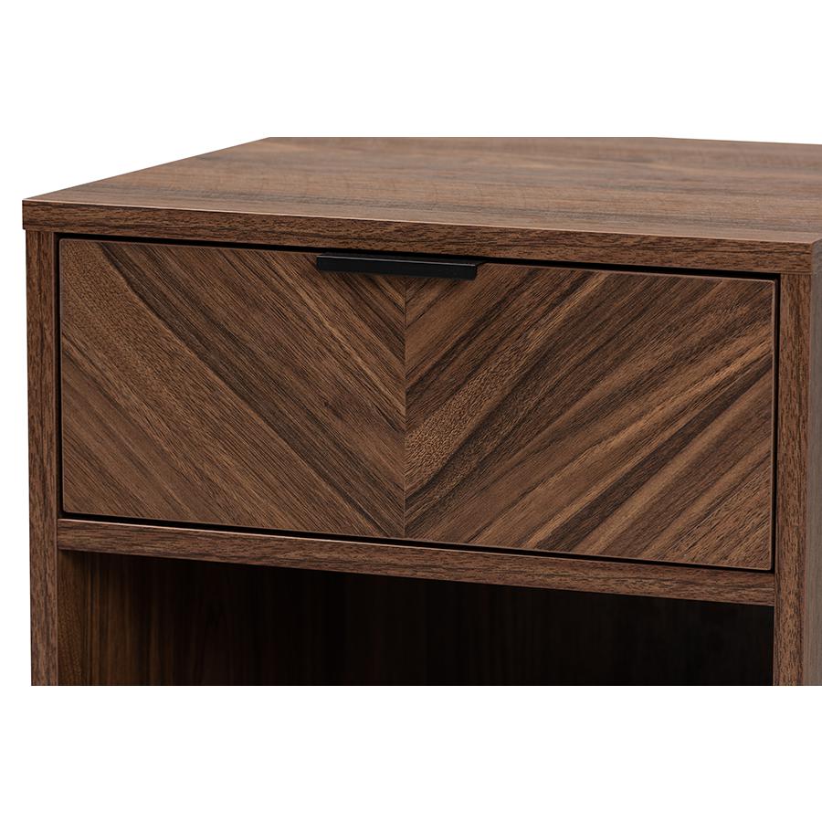 Sadia Modern Walnut Brown Finished Wood and Black Metal 1-Drawer End Table. Picture 5