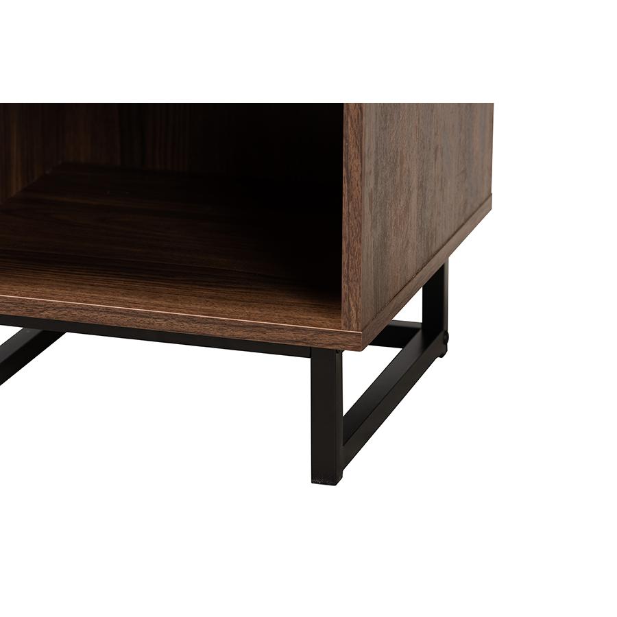 Sadia Modern Walnut Brown Finished Wood and Black Metal 1-Drawer End Table. Picture 6