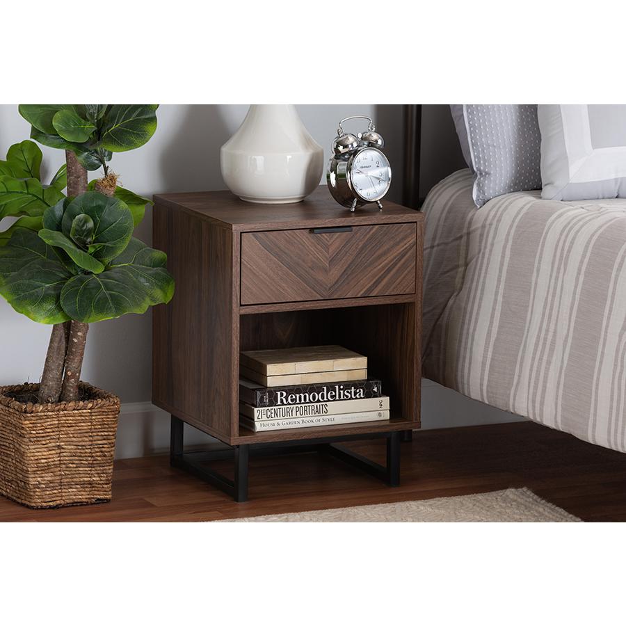Sadia Modern Walnut Brown Finished Wood and Black Metal 1-Drawer End Table. Picture 8