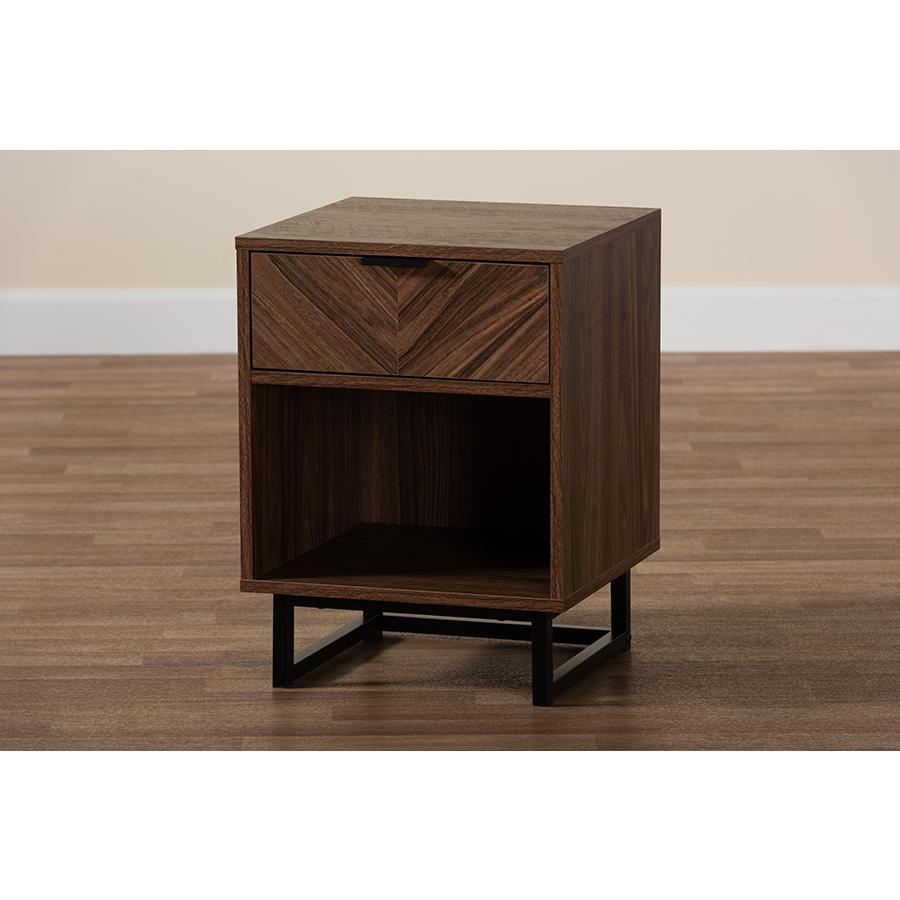 Sadia Modern Walnut Brown Finished Wood and Black Metal 1-Drawer End Table. Picture 9