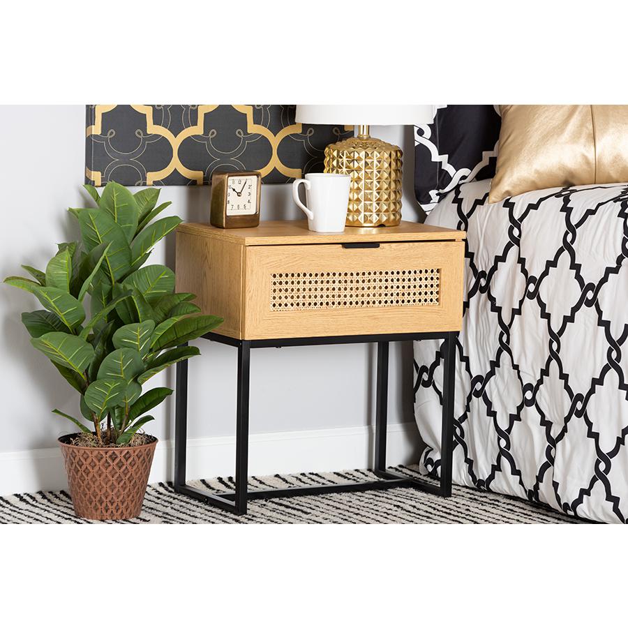 Black Metal 1-Drawer End Table with Natural Rattan. Picture 8