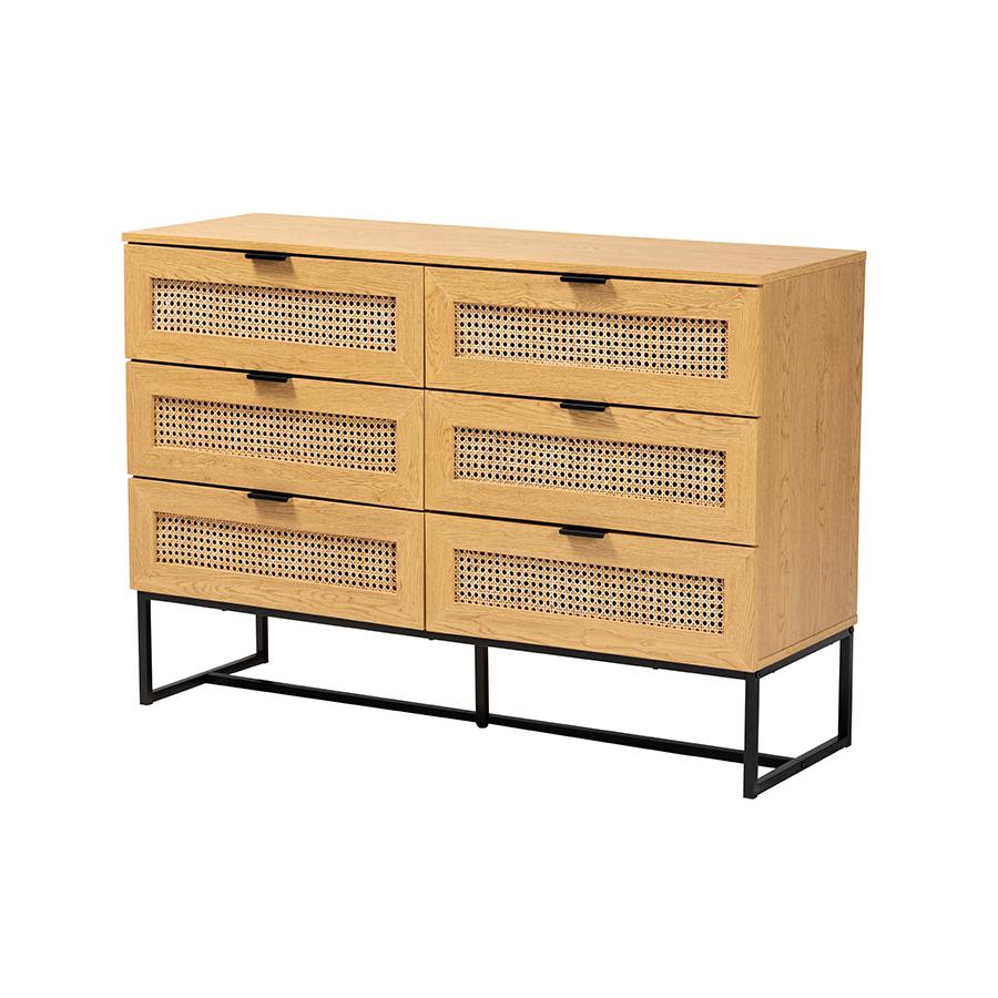 Black Metal 6-Drawer Storage Cabinet with Natural Rattan. Picture 1