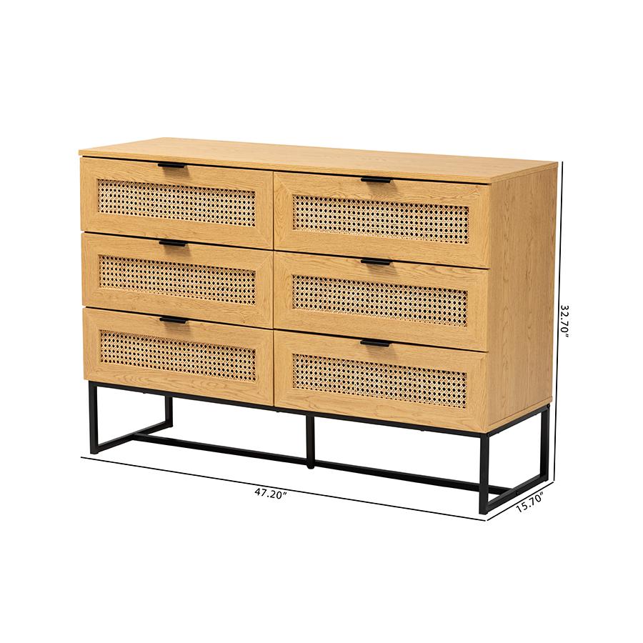 Black Metal 6-Drawer Storage Cabinet with Natural Rattan. Picture 10