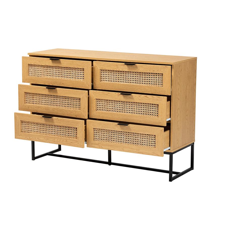 Black Metal 6-Drawer Storage Cabinet with Natural Rattan. Picture 2