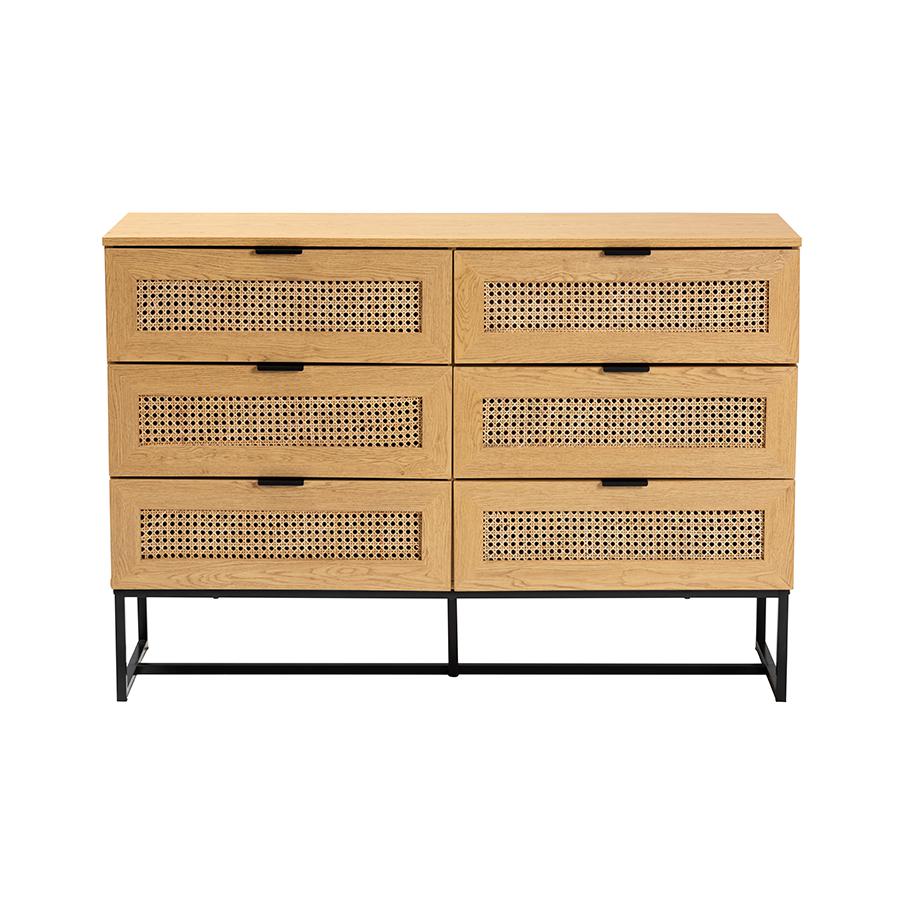 Black Metal 6-Drawer Storage Cabinet with Natural Rattan. Picture 3