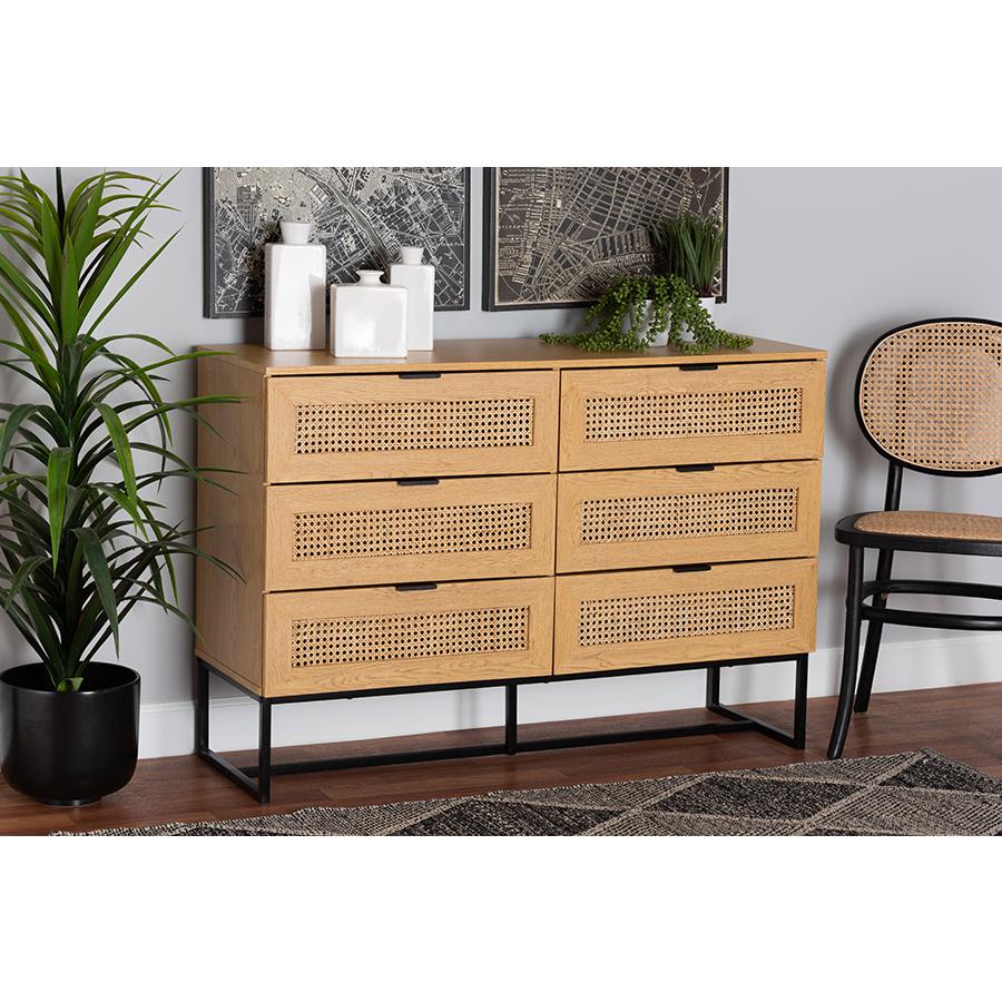 Black Metal 6-Drawer Storage Cabinet with Natural Rattan. Picture 8
