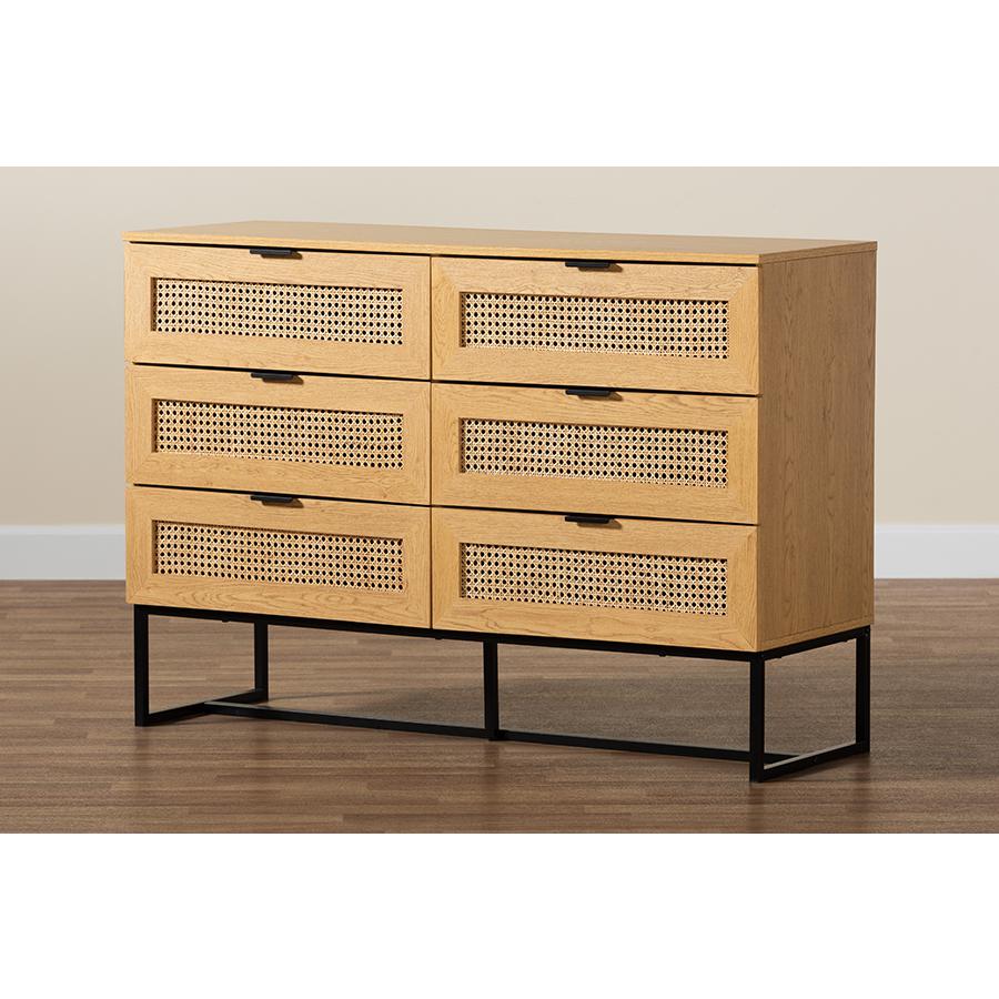 Black Metal 6-Drawer Storage Cabinet with Natural Rattan. Picture 9