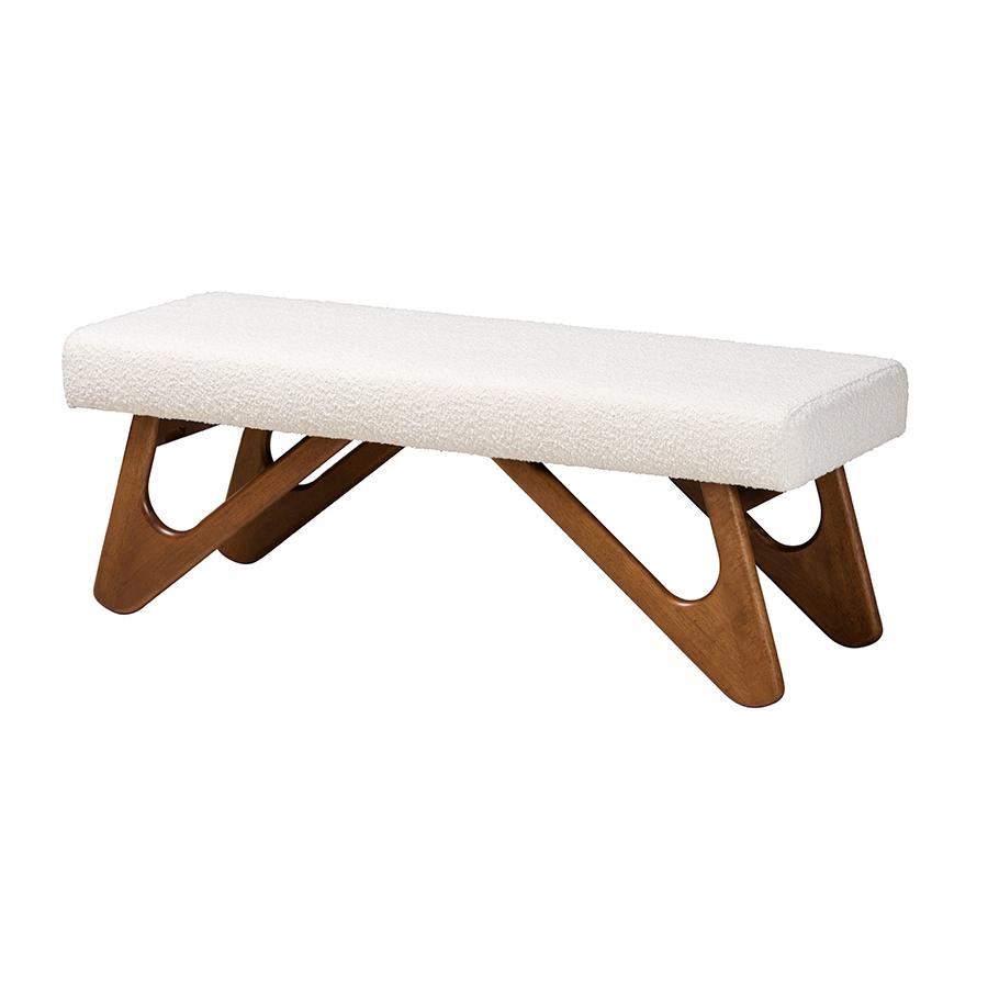 Rika Japandi Cream Boucle Fabric and Walnut Brown Finished Wood Bench. Picture 1