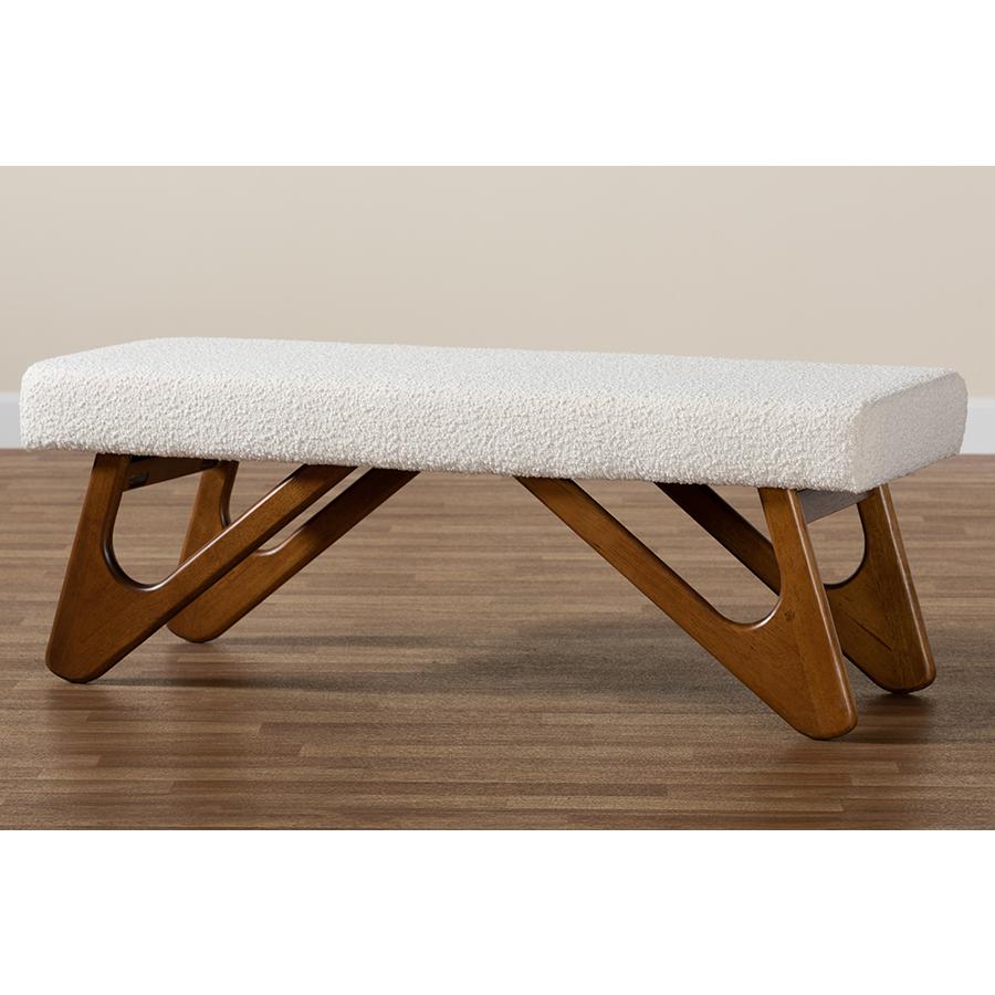 Rika Japandi Cream Boucle Fabric and Walnut Brown Finished Wood Bench. Picture 7