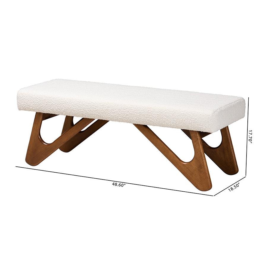 Rika Japandi Cream Boucle Fabric and Walnut Brown Finished Wood Bench. Picture 8