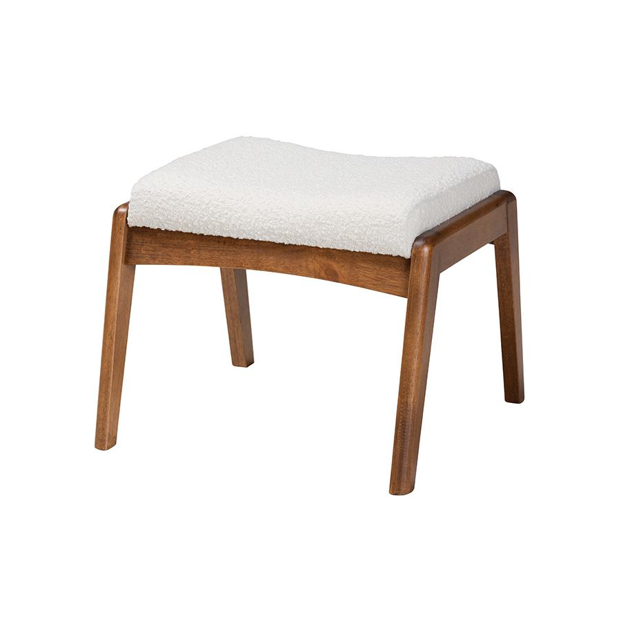 Off-White Boucle Upholstered and Walnut Brown Finished Wood Ottoman Footstool. Picture 1