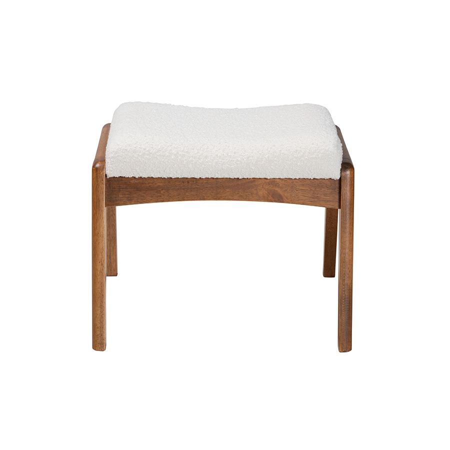 Off-White Boucle Upholstered and Walnut Brown Finished Wood Ottoman Footstool. Picture 2