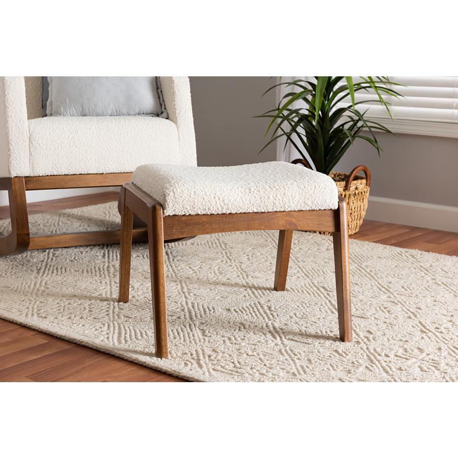 Off-White Boucle Upholstered and Walnut Brown Finished Wood Ottoman Footstool. Picture 6