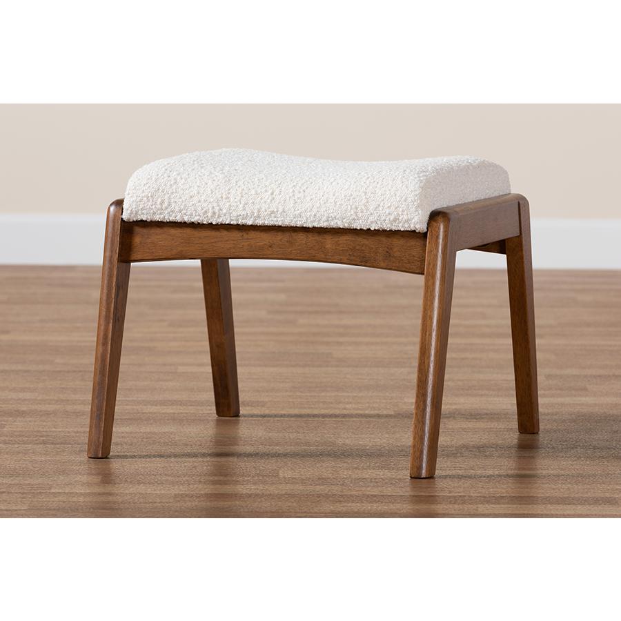 Off-White Boucle Upholstered and Walnut Brown Finished Wood Ottoman Footstool. Picture 7