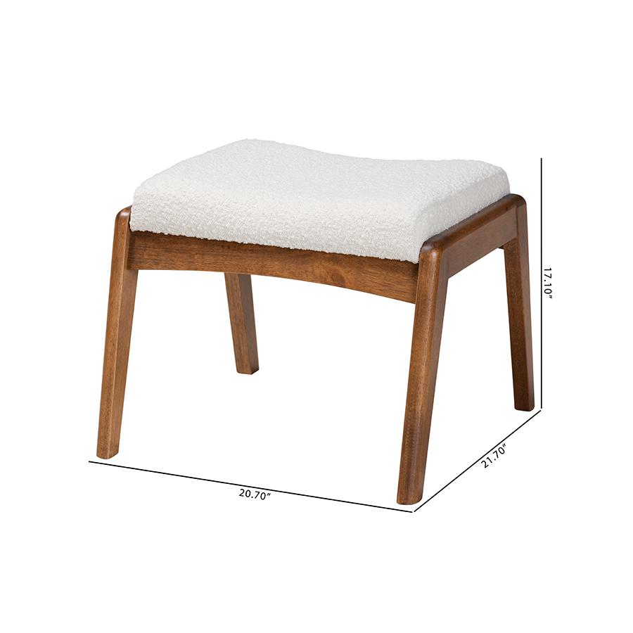 Off-White Boucle Upholstered and Walnut Brown Finished Wood Ottoman Footstool. Picture 8