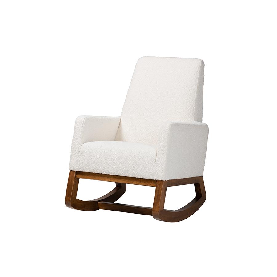Off-White Boucle Upholstered and Walnut Brown Finished Wood Rocking Chair. Picture 1