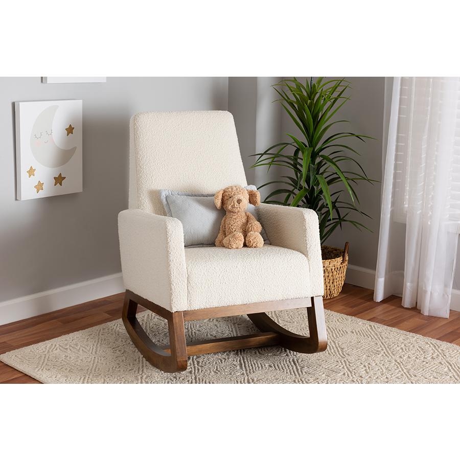 Off-White Boucle Upholstered and Walnut Brown Finished Wood Rocking Chair. Picture 8