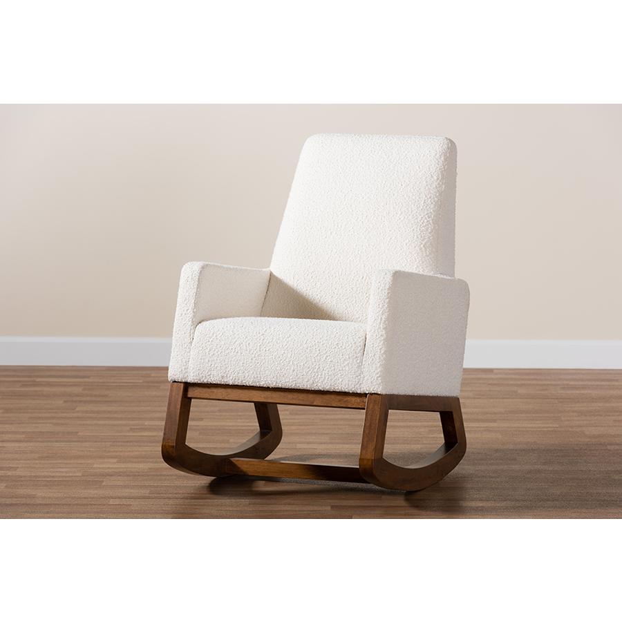 Off-White Boucle Upholstered and Walnut Brown Finished Wood Rocking Chair. Picture 9