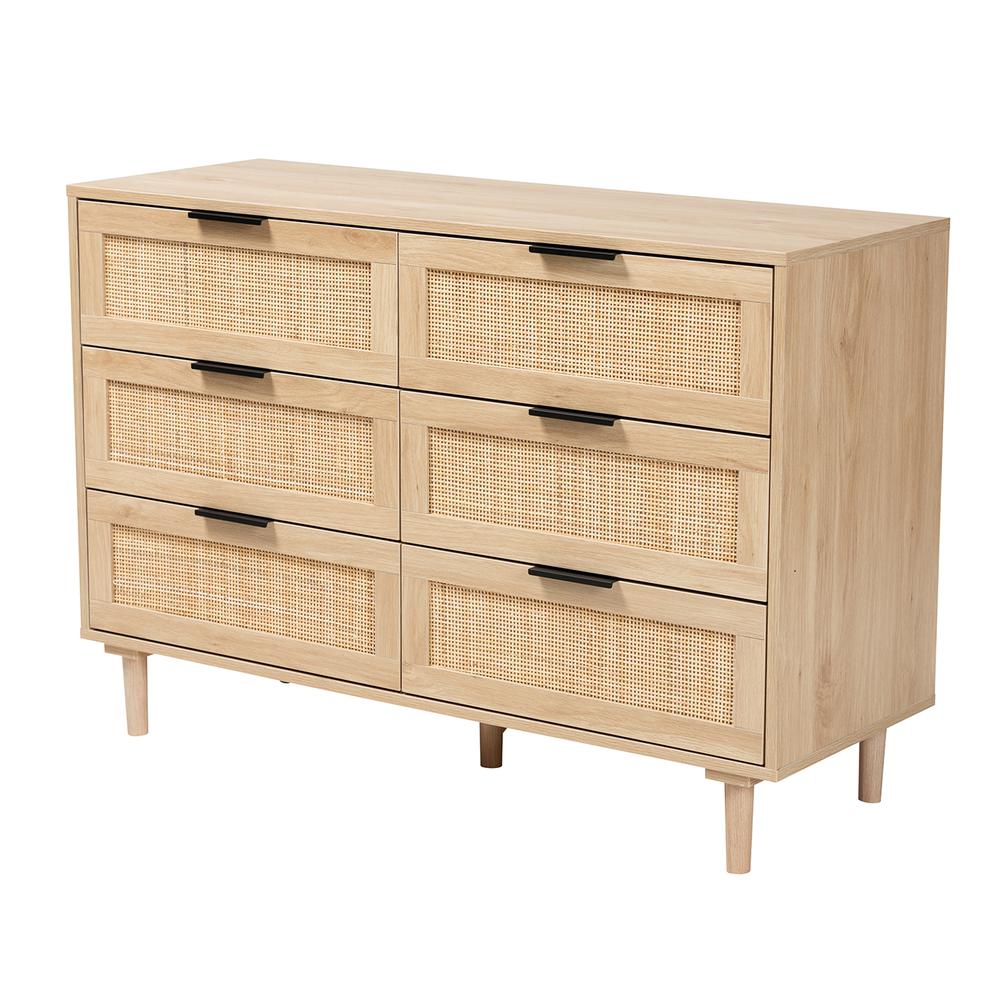 Baxton Studio Harrison Mid-Century Modern Natural Brown Finished Wood and Natural Rattan 6-Drawer Storage Cabinet. Picture 2
