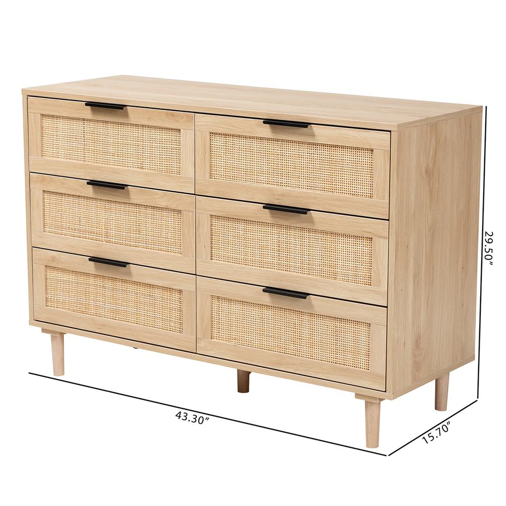 Baxton Studio Harrison Mid-Century Modern Natural Brown Finished Wood and Natural Rattan 6-Drawer Storage Cabinet. Picture 11