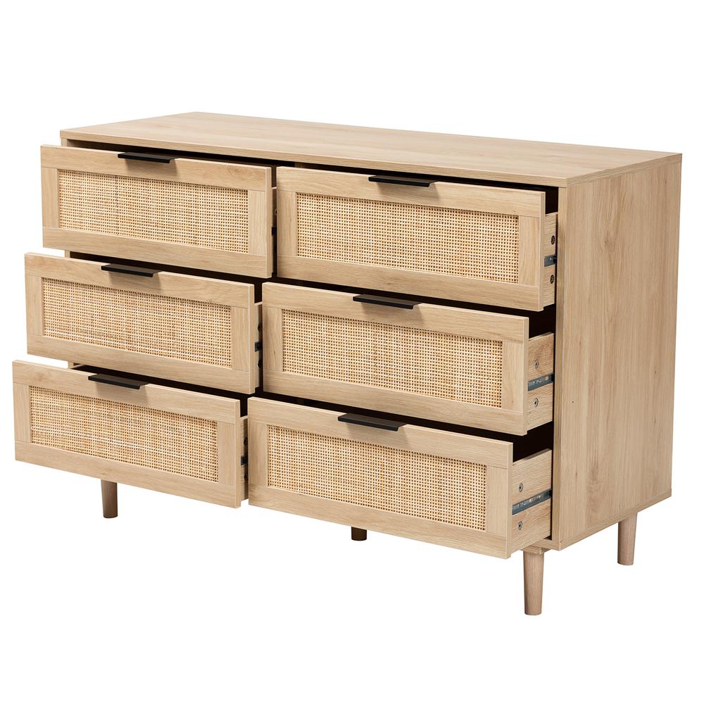 Baxton Studio Harrison Mid-Century Modern Natural Brown Finished Wood and Natural Rattan 6-Drawer Storage Cabinet. Picture 3