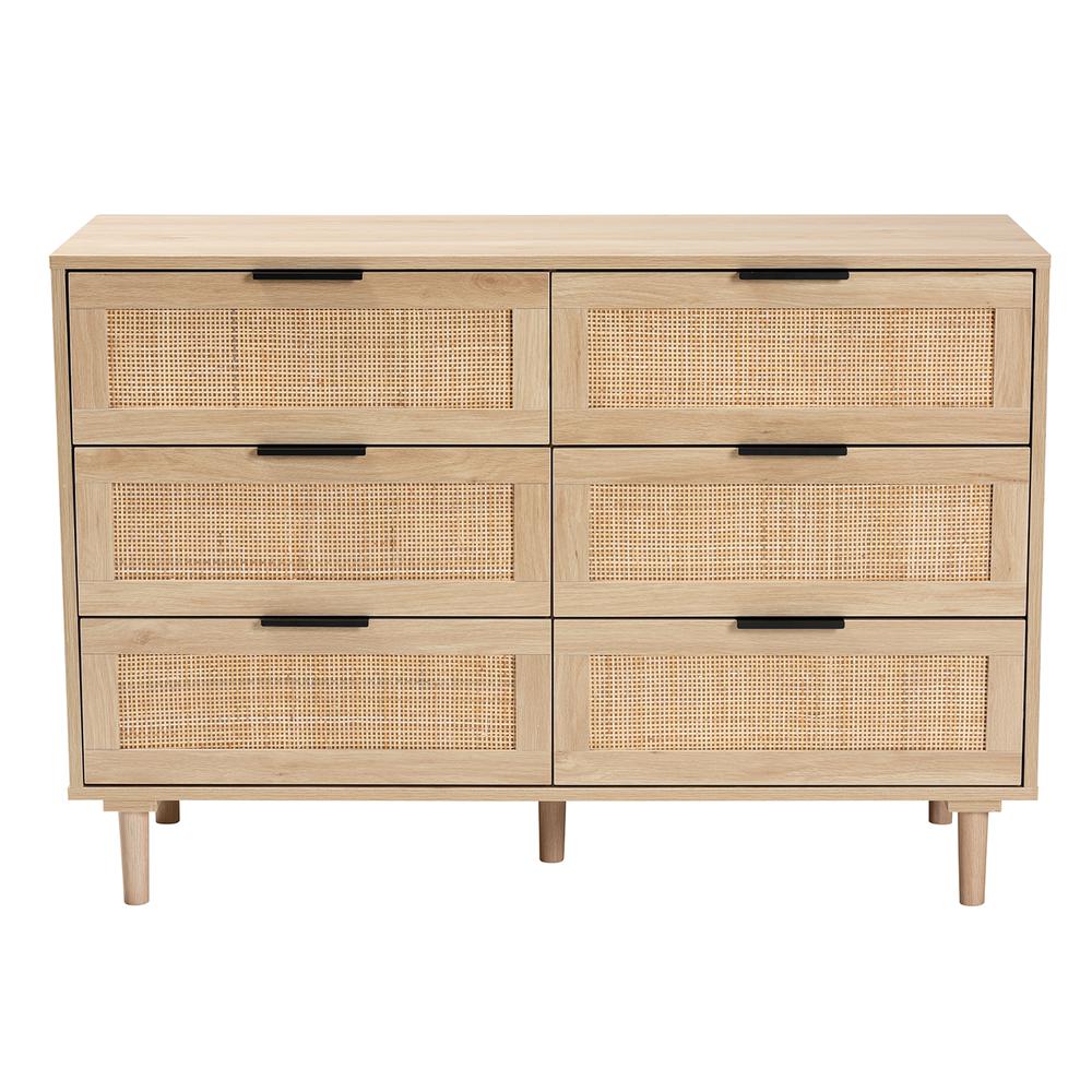 Baxton Studio Harrison Mid-Century Modern Natural Brown Finished Wood and Natural Rattan 6-Drawer Storage Cabinet. Picture 4