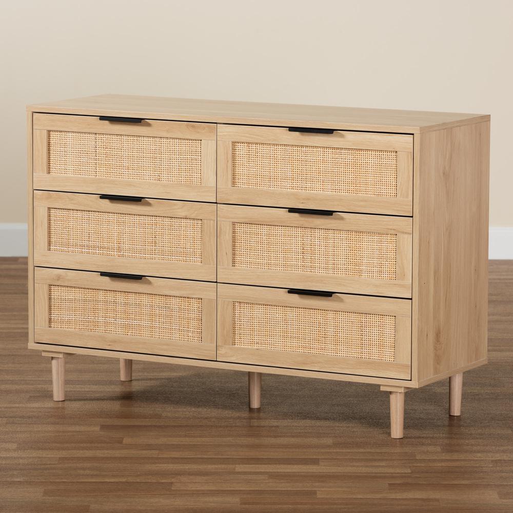 Baxton Studio Harrison Mid-Century Modern Natural Brown Finished Wood and Natural Rattan 6-Drawer Storage Cabinet. Picture 10