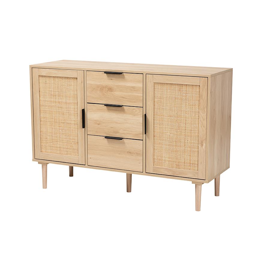 Natural Brown Finished Wood and Natural Rattan 3-Drawer Sideboard. Picture 1