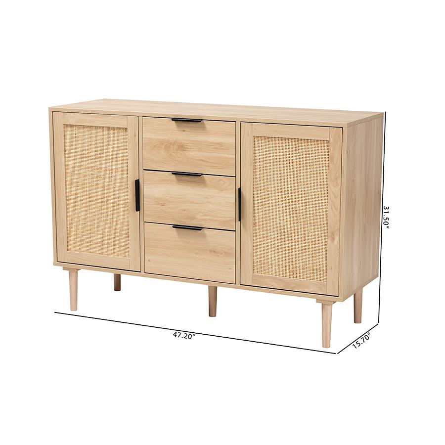 Natural Brown Finished Wood and Natural Rattan 3-Drawer Sideboard. Picture 10