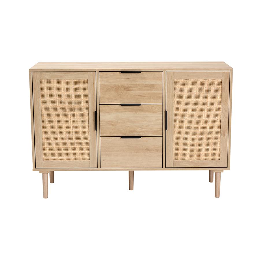 Natural Brown Finished Wood and Natural Rattan 3-Drawer Sideboard. Picture 3