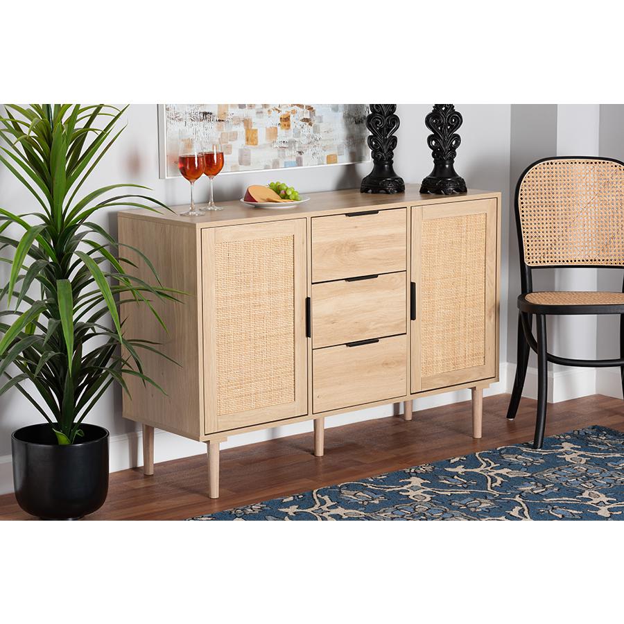 Natural Brown Finished Wood and Natural Rattan 3-Drawer Sideboard. Picture 8