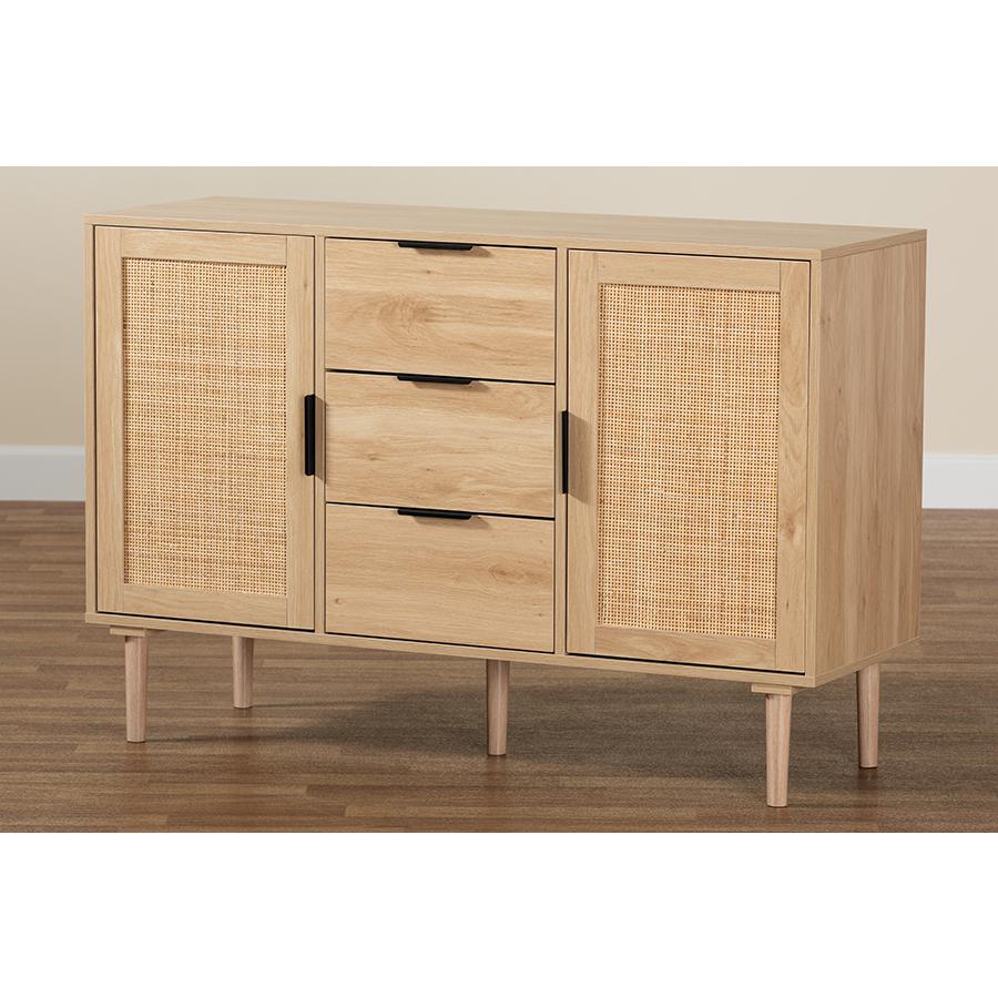 Natural Brown Finished Wood and Natural Rattan 3-Drawer Sideboard. Picture 9