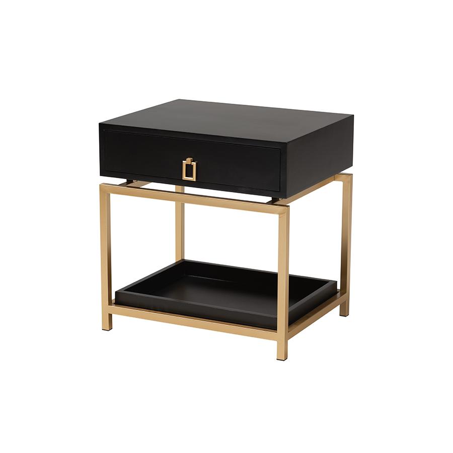 Glam and Luxe Black Finished Wood and Gold Metal 1-Drawer End Table. Picture 1