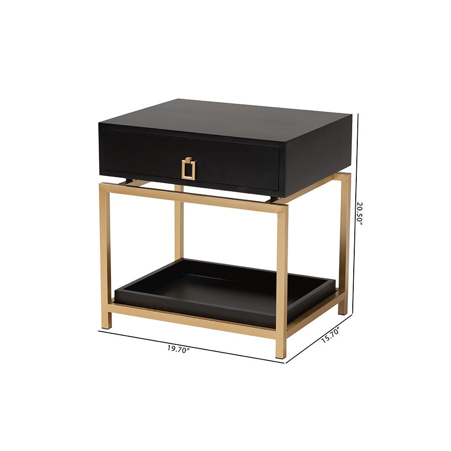 Glam and Luxe Black Finished Wood and Gold Metal 1-Drawer End Table. Picture 10