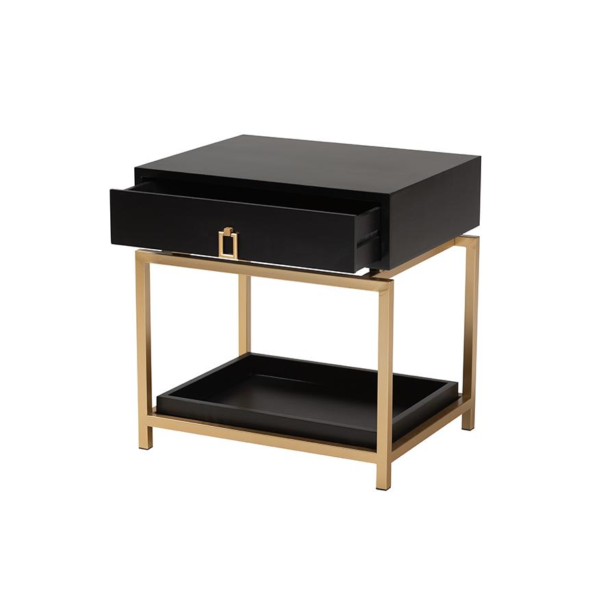 Glam and Luxe Black Finished Wood and Gold Metal 1-Drawer End Table. Picture 2