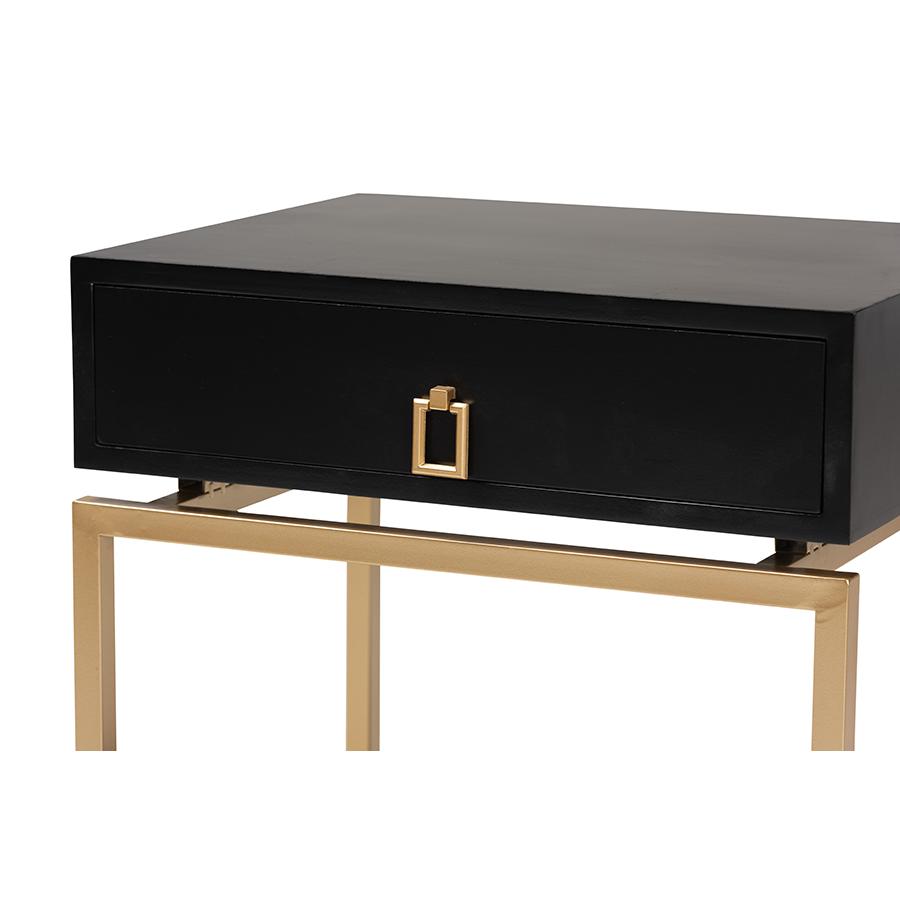 Glam and Luxe Black Finished Wood and Gold Metal 1-Drawer End Table. Picture 5
