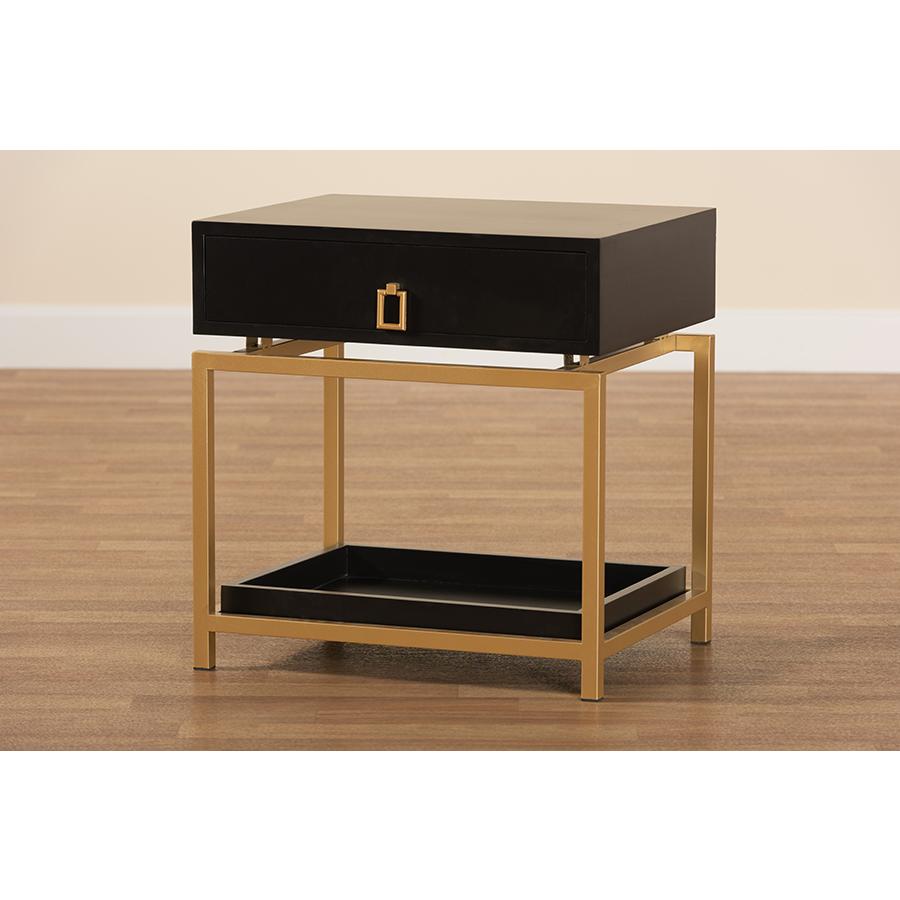 Glam and Luxe Black Finished Wood and Gold Metal 1-Drawer End Table. Picture 9