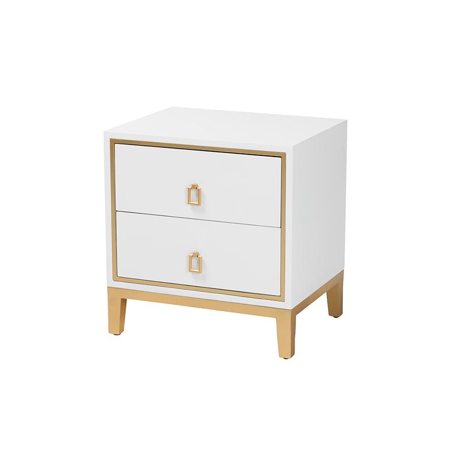 Glam and Luxe White Finished Wood and Gold Metal 2-Drawer End Table. Picture 1